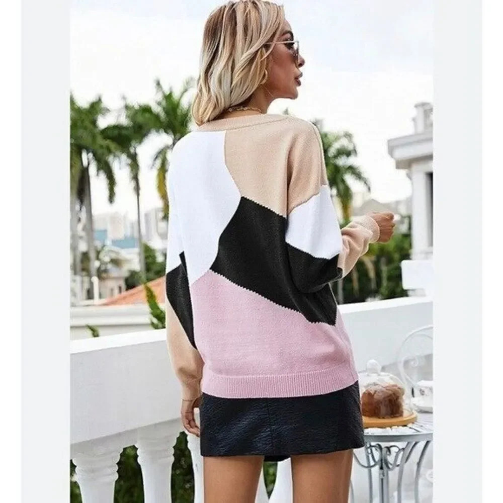 Boutique Black Tan & Pink Colorblock Geometric Crewneck Sweater M